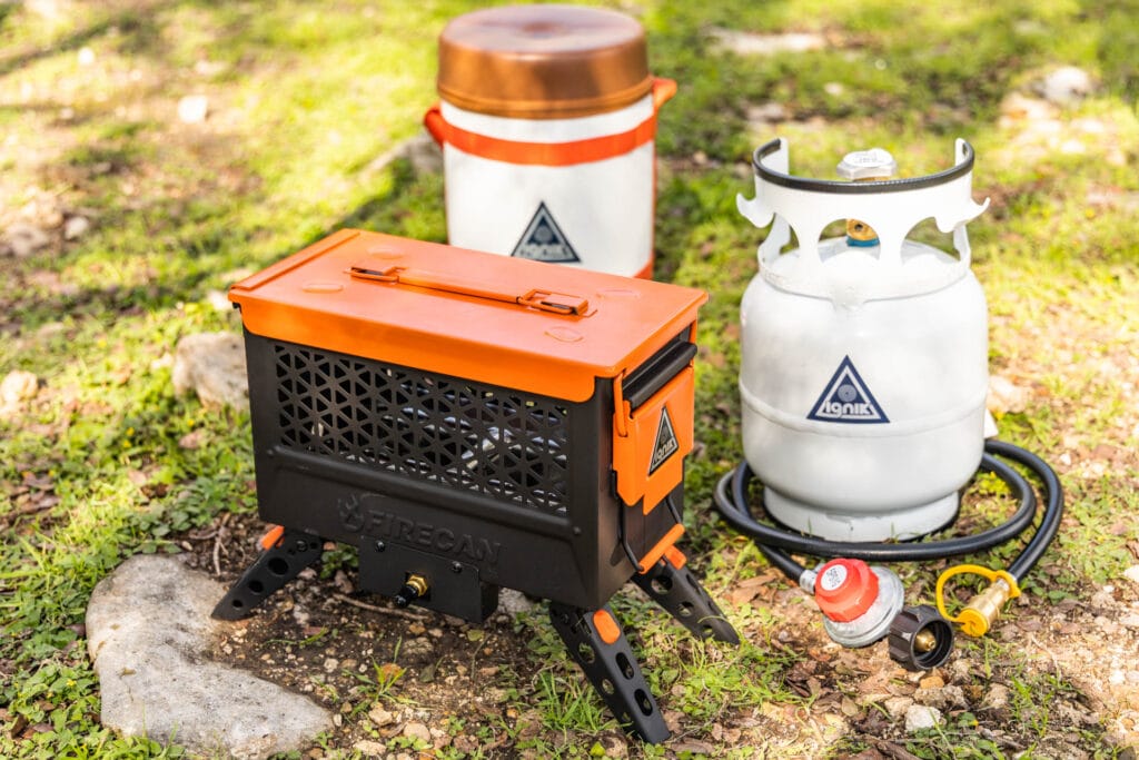 The Ignik FireCan and Gas Growler Deluxe with protective carry case.