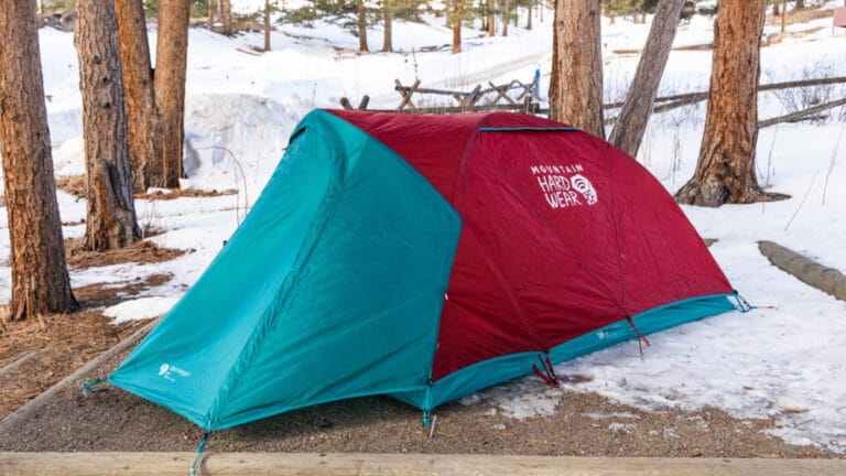 A Mountain Hardware 4-season tent pitched in the snow.