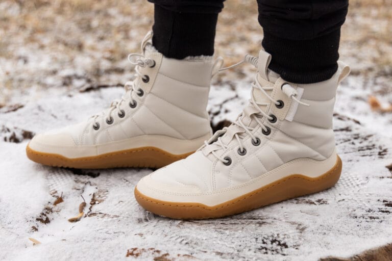 Two off-white Vivobarefoot Gobi Hiber winter barefoot boots.
