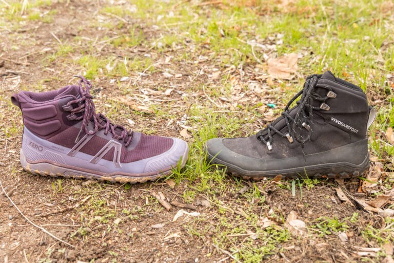 A Xero Shoes Scrambler Trail Mid and Vivobarefoot Tracker Textile AT face off.